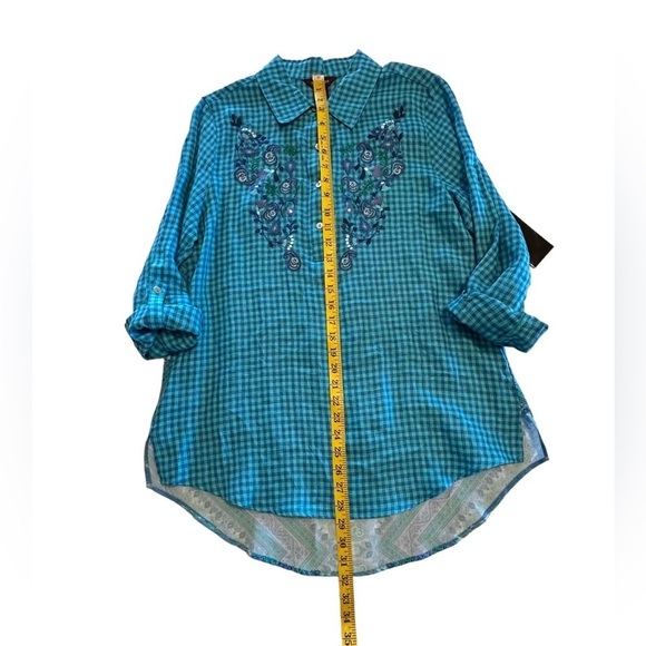 Multiples Paisley & Blue Linen Checkered Button Down Casual Blouse Womens Medium - Picture 17 of 17